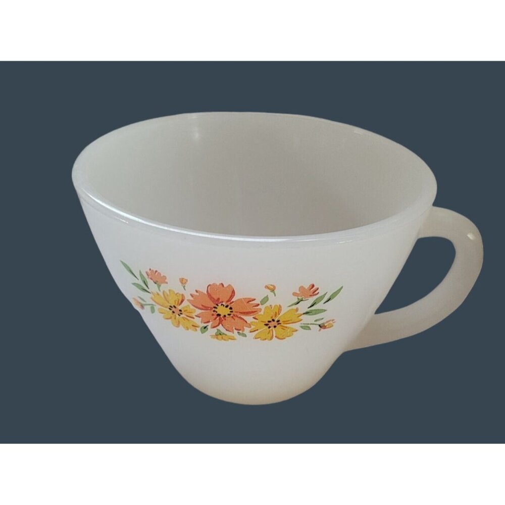 VTG Fire King Cup Milk Glass Yellow Orange Flower Floral Anchor Hocking Tea USA - Picture 2 of 6